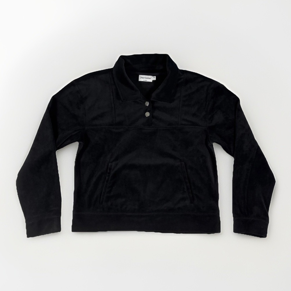 Juicy Couture Velour Pullover Womens Large Black Collared Button Polo Y2K Retro